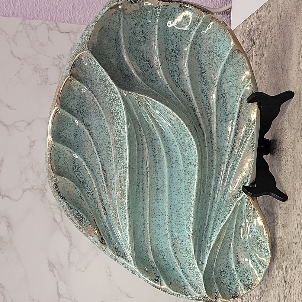 Mid Century Modern California Pottery Turquoise & Gold Leaf Divided Relish Tray - Picture 2 of 11